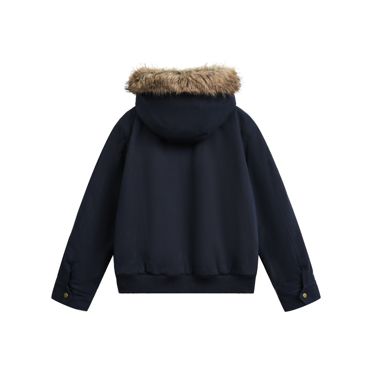 Back view of a dark navy hooded jacket with tan fur trim, long sleeves, and a ribbed hem.