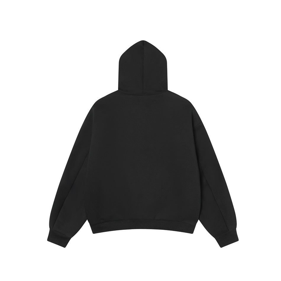 Back view of a plain black hooded sweatshirt with long sleeves, ribbed cuffs, and a ribbed hem.