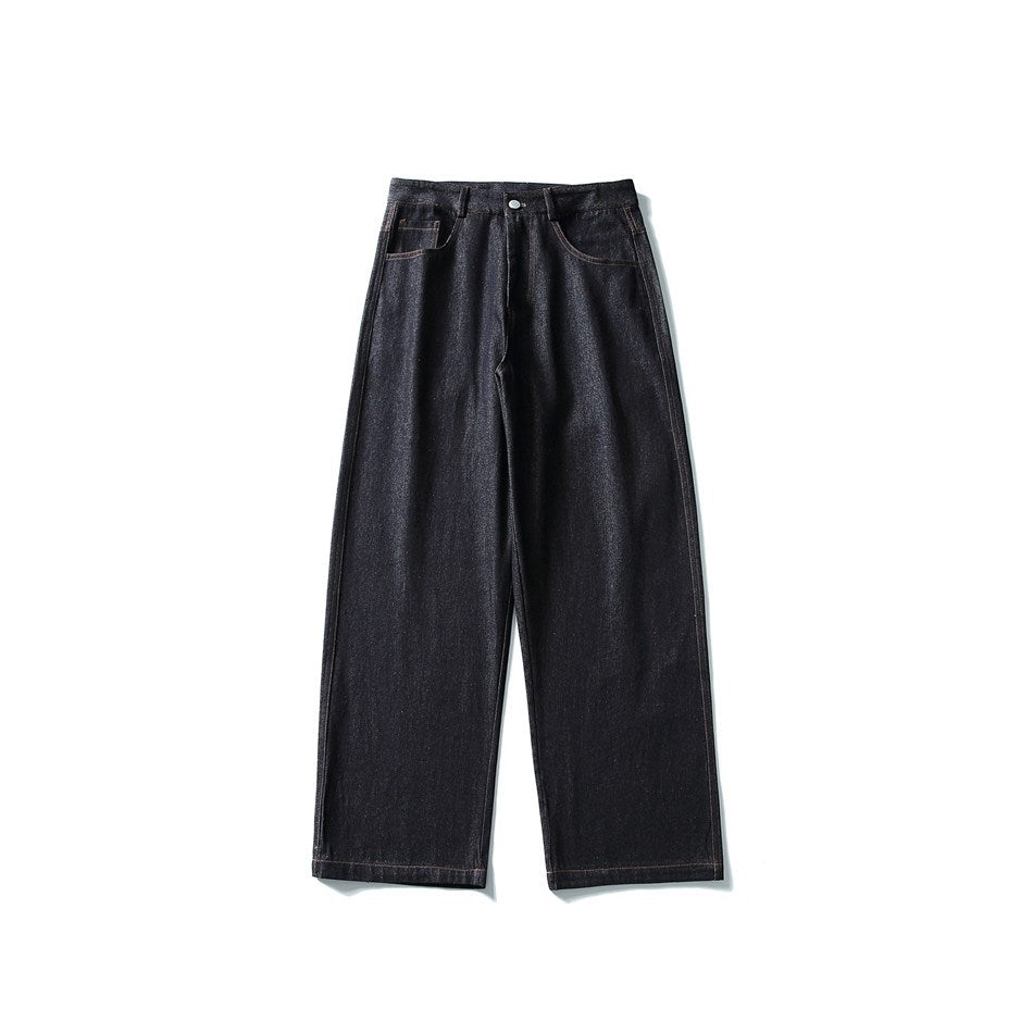 Front flat view of black wide-leg denim jeans with button closure, belt loops and contrast stitching