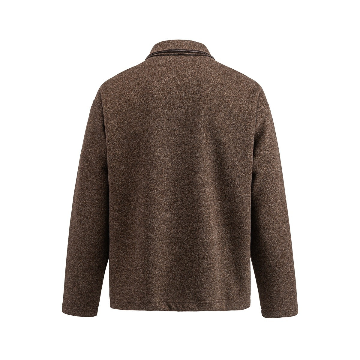 Back view of a brown heathered long-sleeve pullover with a collar.