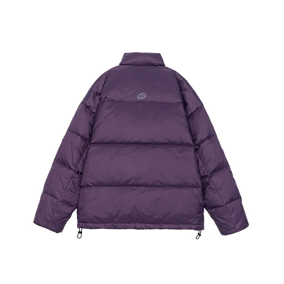 Back view of a deep purple quilted puffer jacket with a high collar, horizontal baffles, and hem adjusters.
