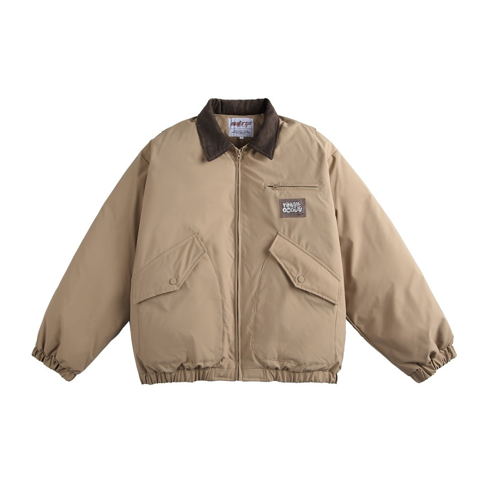 Khaki zip-front jacket with brown corduroy-style collar, large snap flap pockets, chest zip pocket and elastic cuffs, flat
