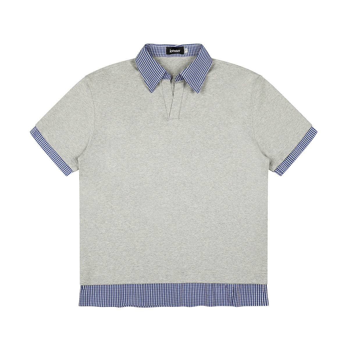 Heather gray short-sleeve polo top with blue striped collar, cuffs and layered hem, flat front view