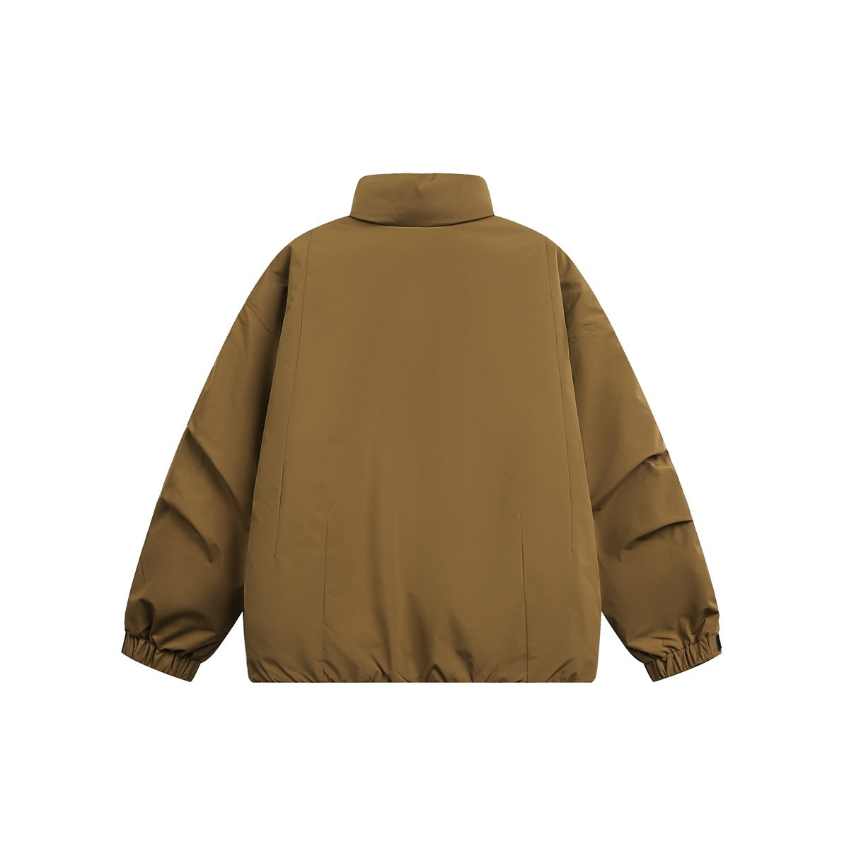 Back view of a tan-brown jacket with a raised collar, long sleeves, elastic cuffs, and a gathered hem.