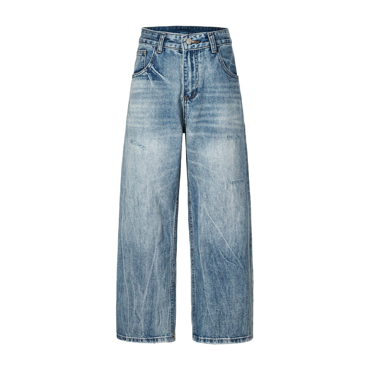 Front view of washed blue wide-leg jeans with faded whiskering, button fly and belt loops