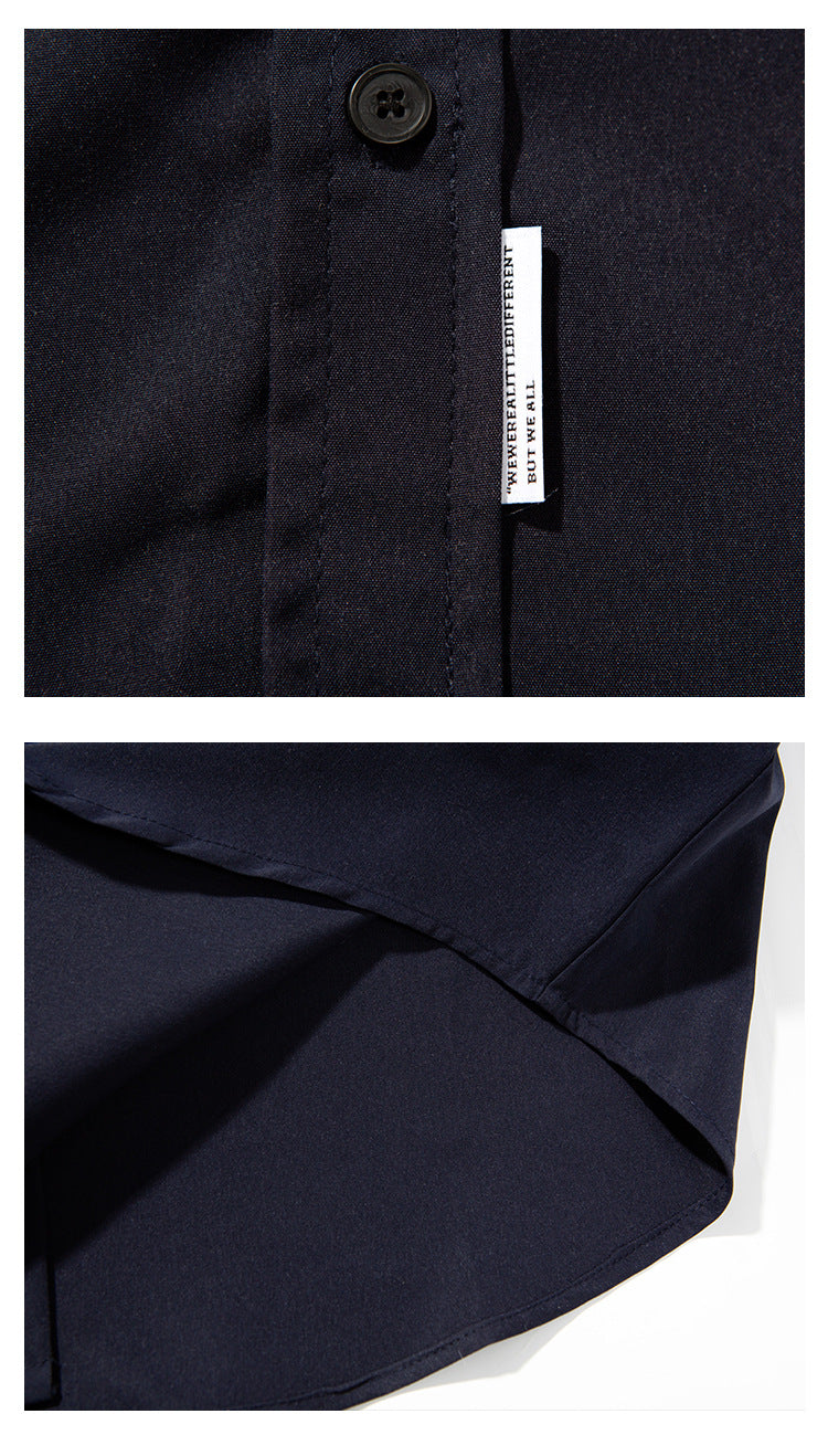 Close-ups of a navy shirt's button placket label and curved hem.