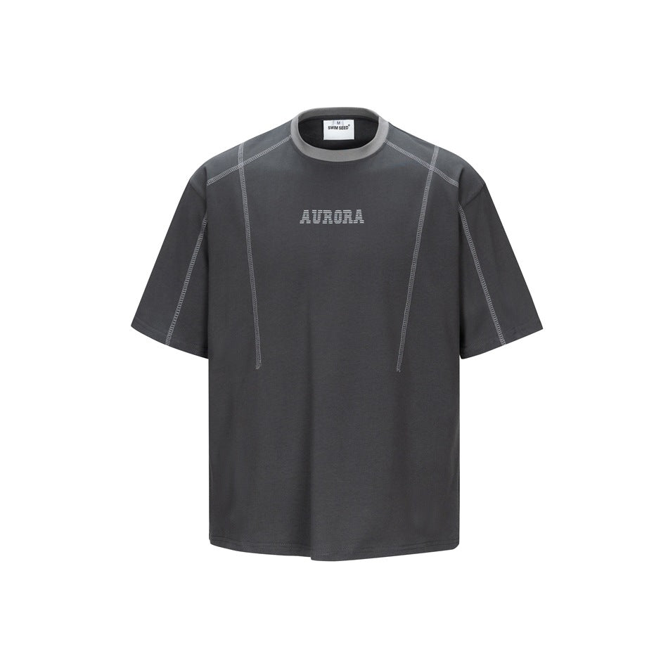 Dark gray short-sleeve T-shirt with light gray collar, contrast stitching and AURORA chest print, front view