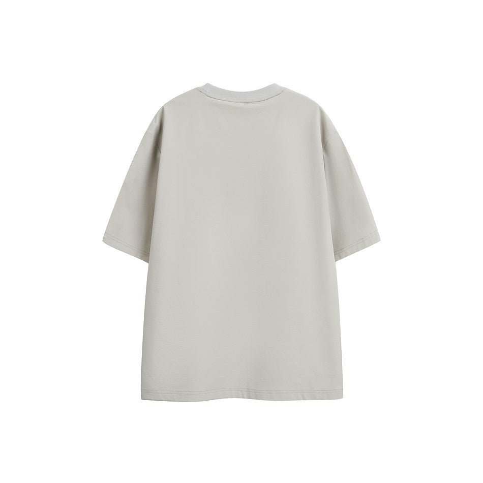 Back view of light beige short-sleeve crew-neck T-shirt with plain back and ribbed-style collar