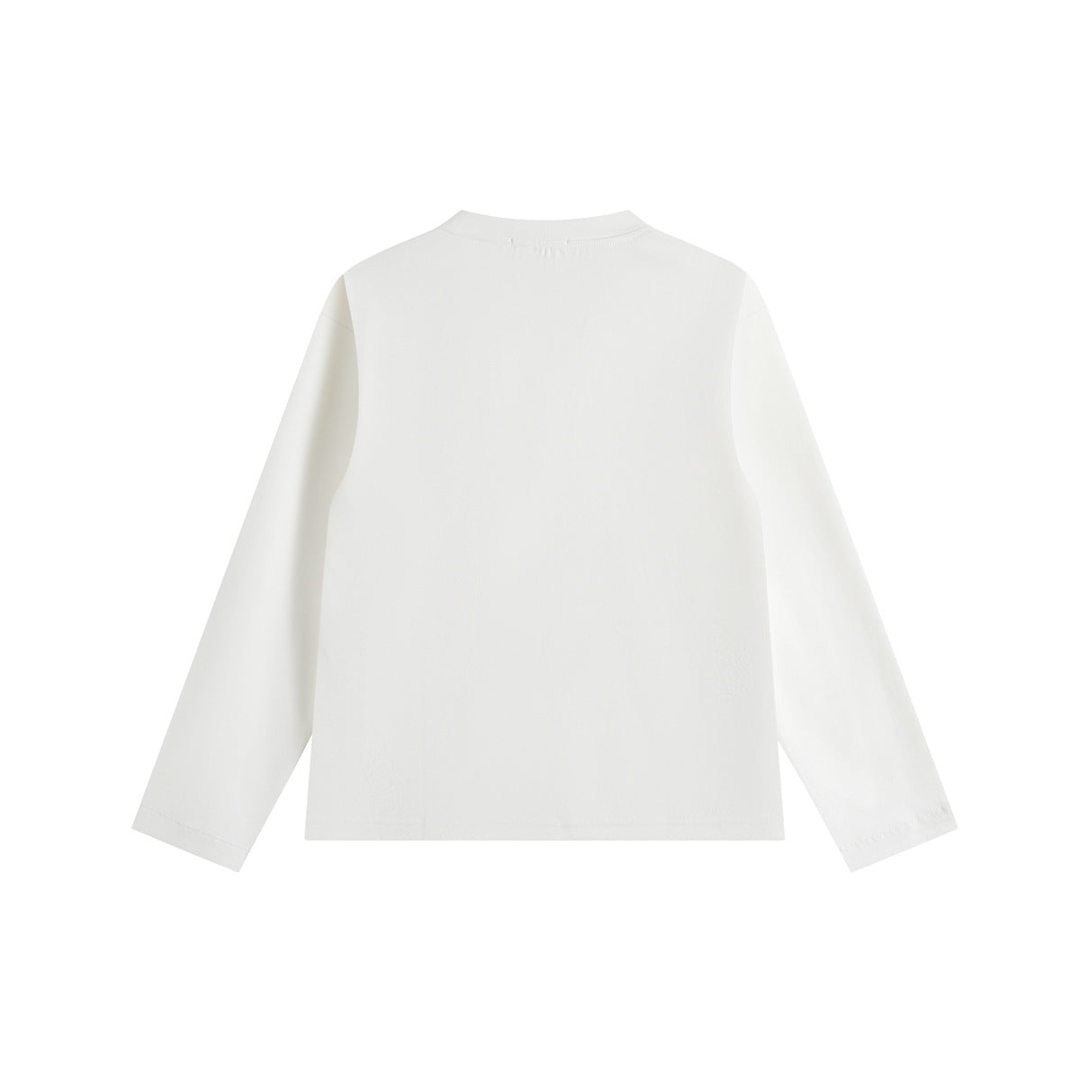 Back view of a plain white long-sleeve crew neck top laid flat.