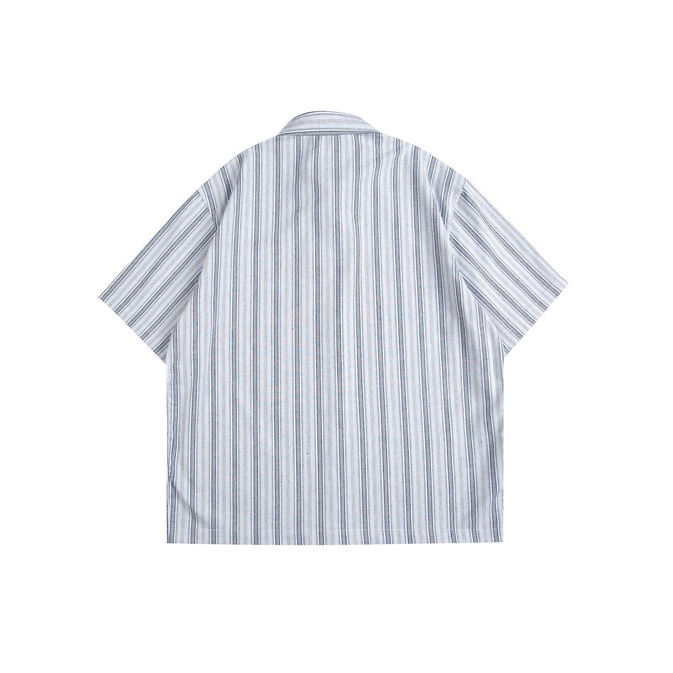 Back view of a white short-sleeve button-up shirt with narrow blue-gray vertical stripes.
