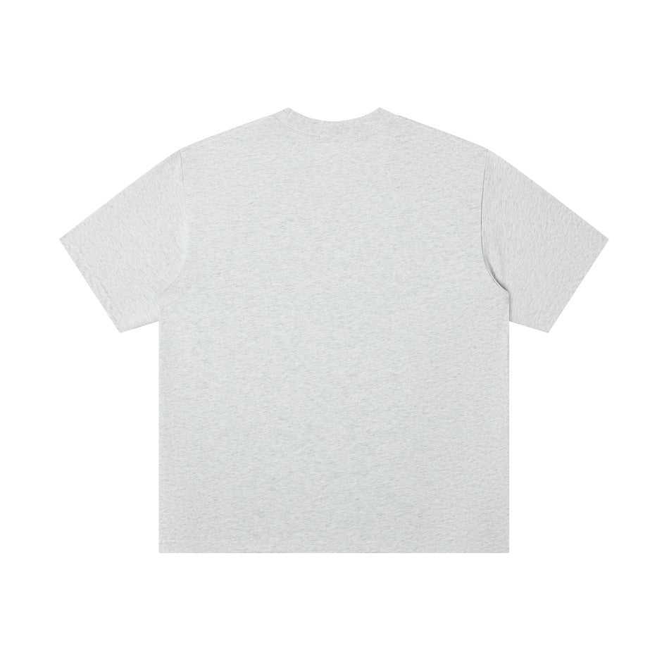 Back view of a plain light heather gray short-sleeve crew-neck T-shirt