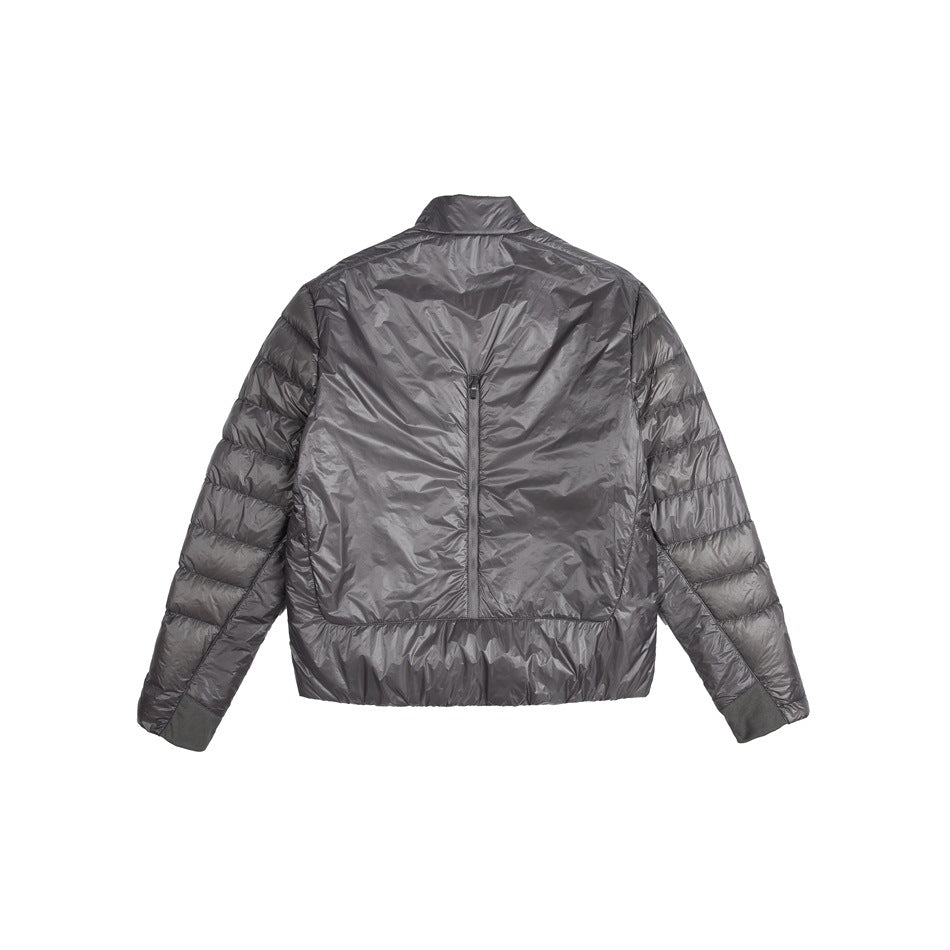 Back view of a gray quilted jacket with a stand collar, center-back zipper, and elastic cuffs and hem.