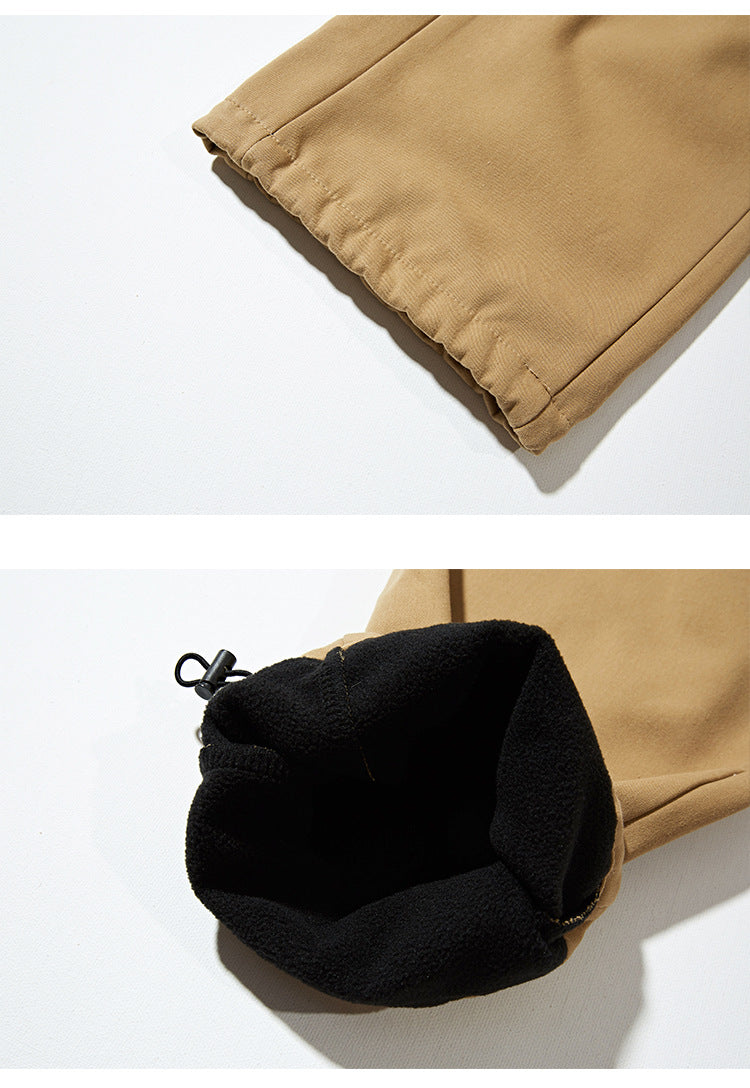 Two close-ups show the tan pants' hem and the black fleece lining inside the cuff.