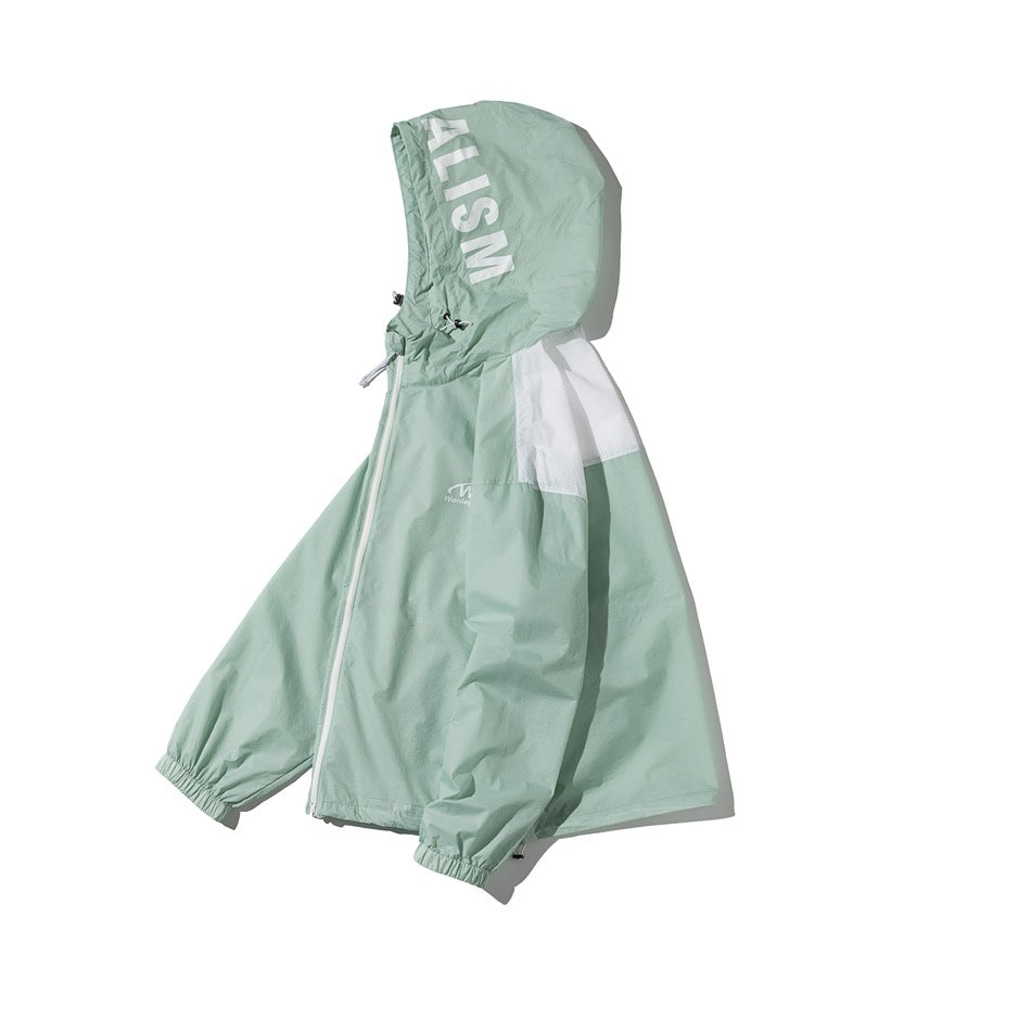 Pale mint hooded jacket shown flat at an angle, with a white front zipper, shoulder panels and hood lettering.