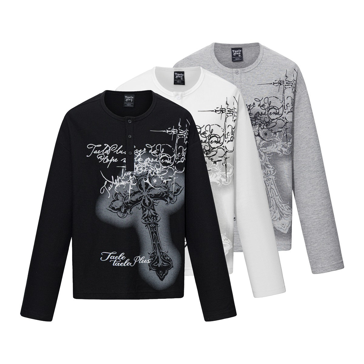 Three long-sleeve waffle-knit henley shirts in black, white, and gray, each with ornate printed graphics.