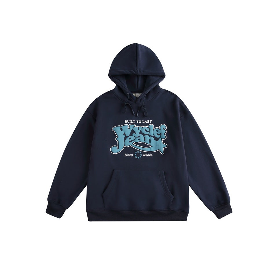 Navy pullover hoodie with front pocket, drawstrings and blue retro lettered chest graphic, flat lay