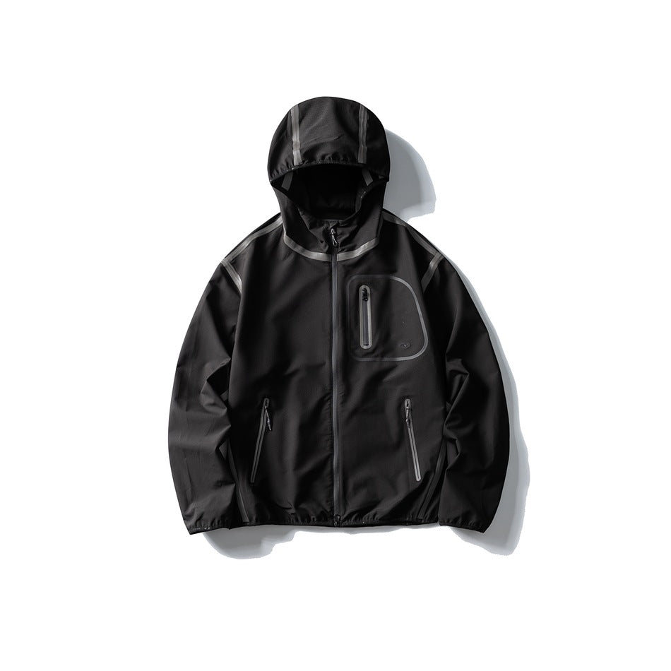 Black hooded zip jacket flat lay with gray contrast tape and zip chest pocket