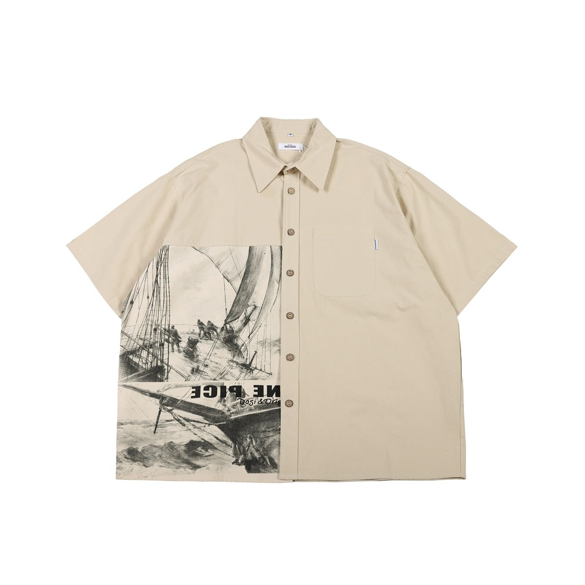 Beige short-sleeve button-up shirt with chest pocket and black-and-white sailing ship print panel, flat lay front view