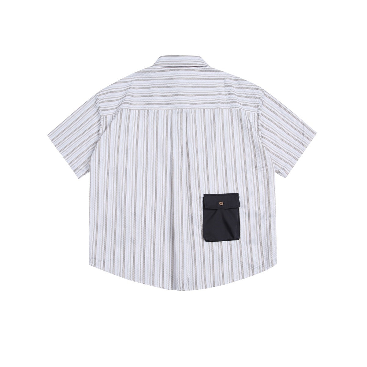 Back view of a white short-sleeve shirt with fine gray and tan stripes and a dark button-flap pocket near the lower right.