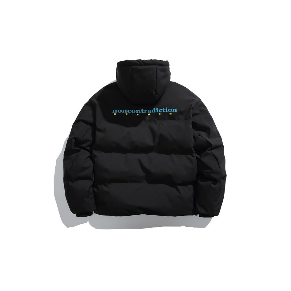 Back view of a black hooded padded jacket with small teal and yellow lettering across the upper back.