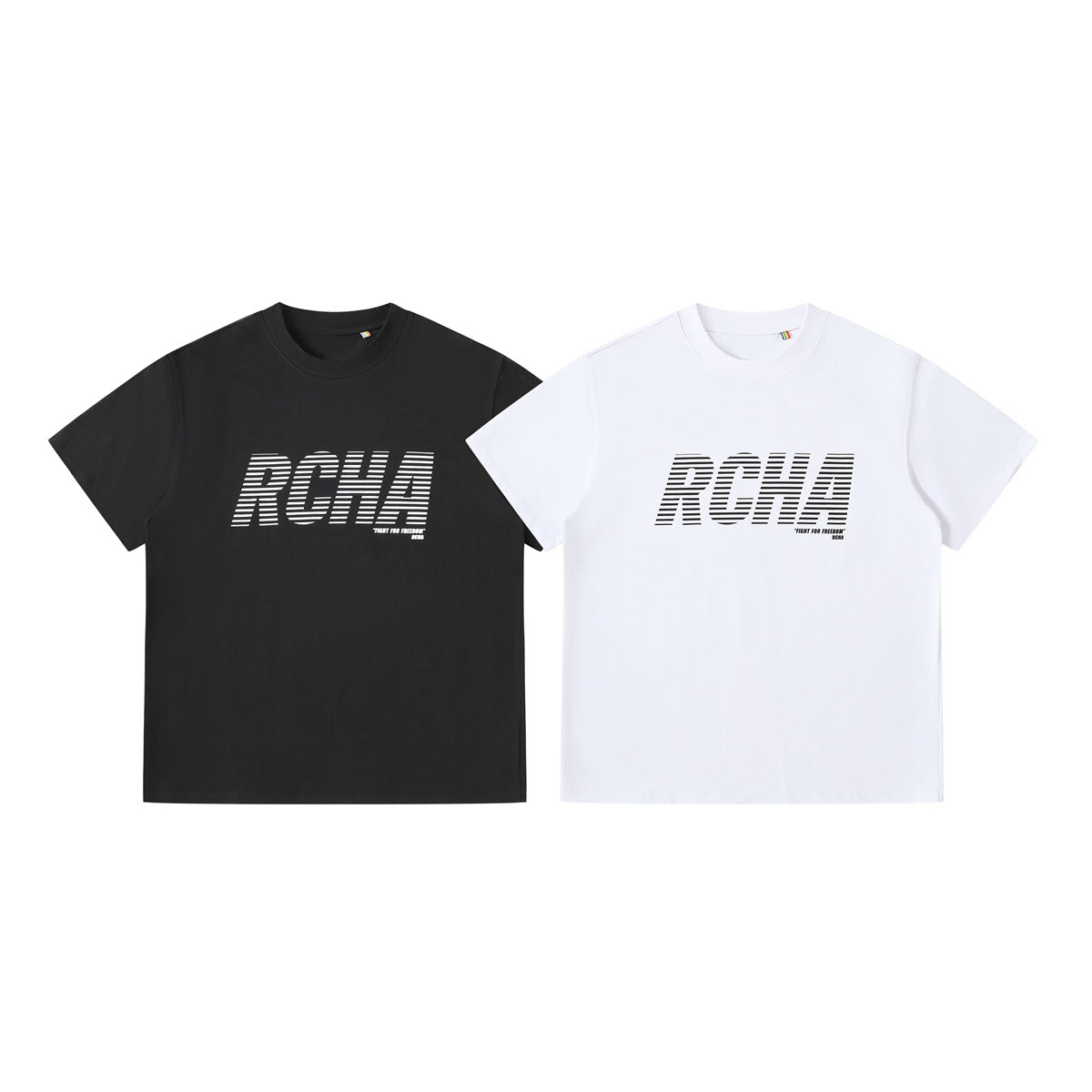 Black and white crew-neck T-shirts shown front-facing, each with a striped chest graphic and small text.