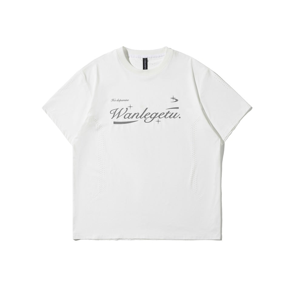 White short-sleeve crew-neck T-shirt with gray script chest print and perforated dot rows along the sides