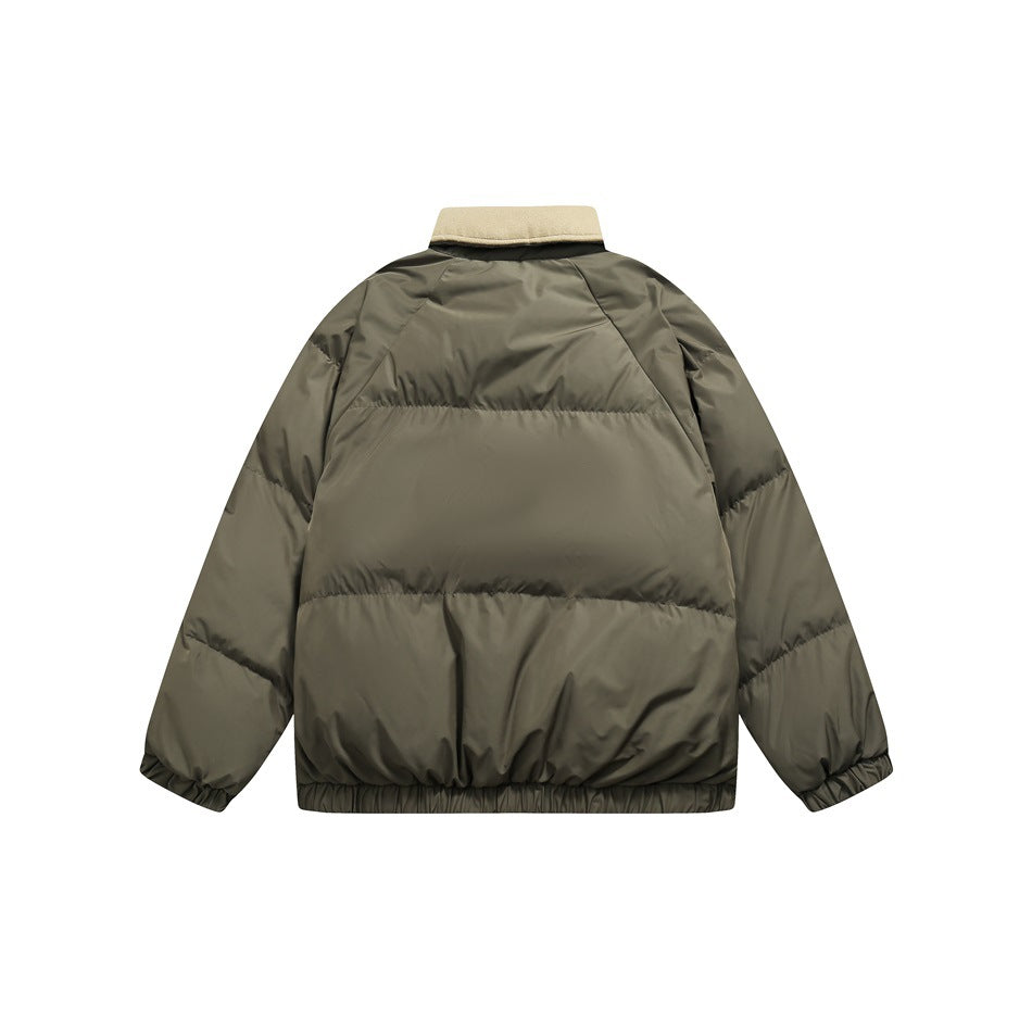Back view of a dark olive padded jacket with a tan collar, horizontal quilting, and elasticated cuffs and hem.