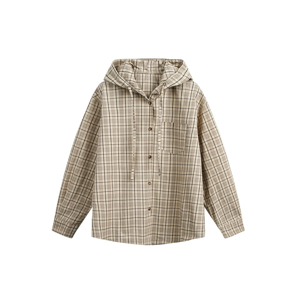 Khaki beige plaid hooded button-front shirt with chest pocket and drawstrings, flat lay front view