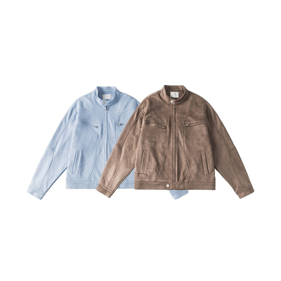 Two jackets displayed flat against white: one light blue and one taupe, both with stand collars and zippered pockets.