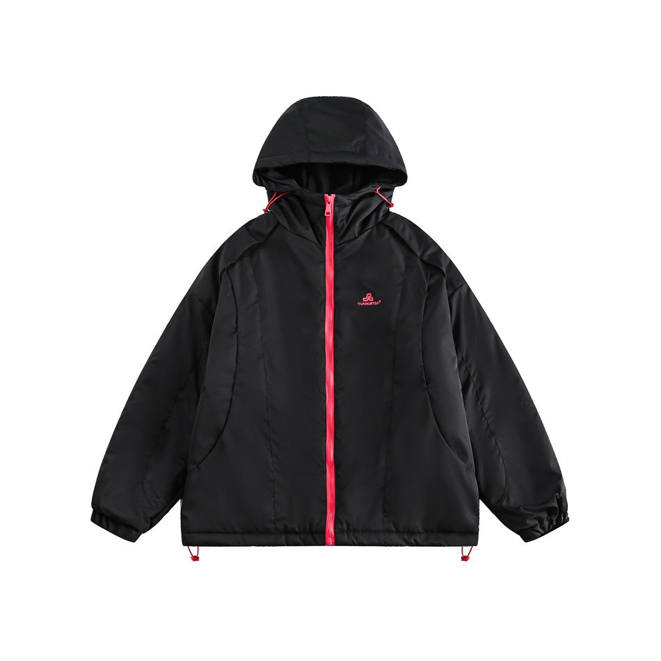 Black hooded jacket shown from the front, with a bright pink zipper, elastic cuffs, and drawcord hem.