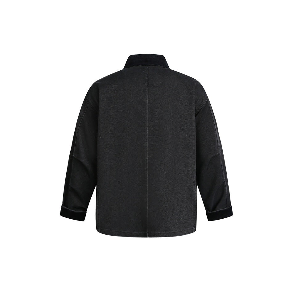 Back view of a black jacket with a stand collar, long sleeves, cuffed ends, and a straight hem.