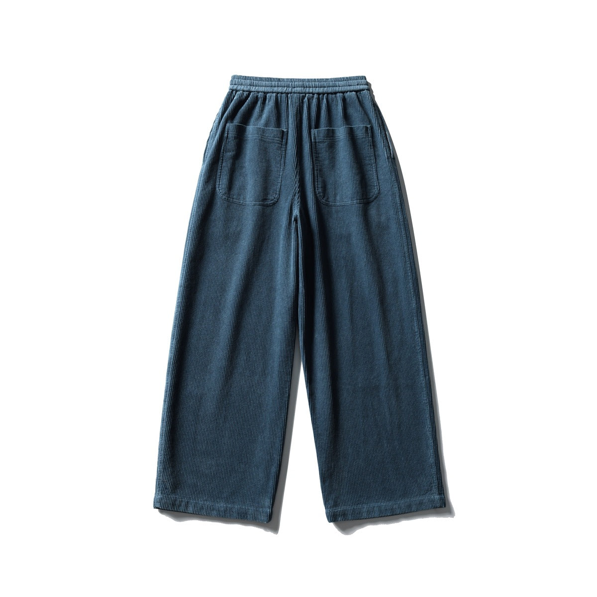 Back view of blue wide-leg ribbed pants with an elastic waistband and two patch pockets.
