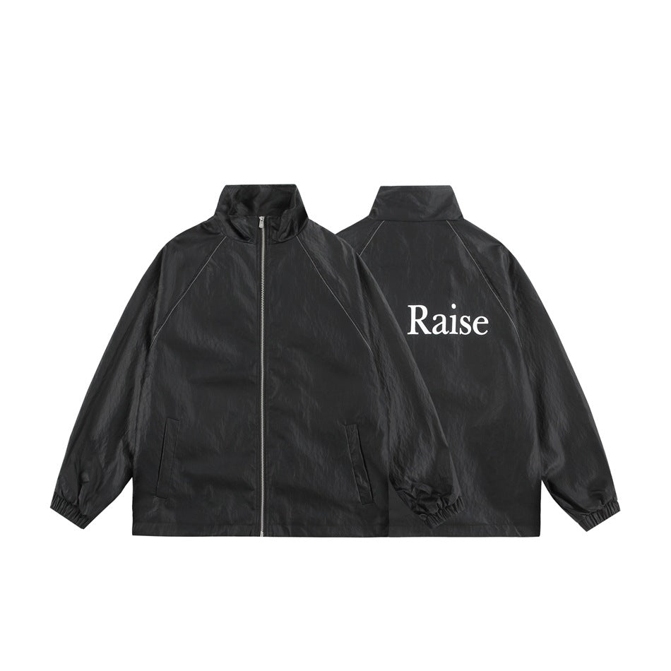 Black zip jacket shown from the front and back, with a white Raise print on the back