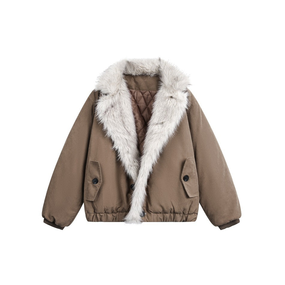Front view of a taupe cropped jacket with a cream faux-fur collar, buttoned pockets, and quilted lining.