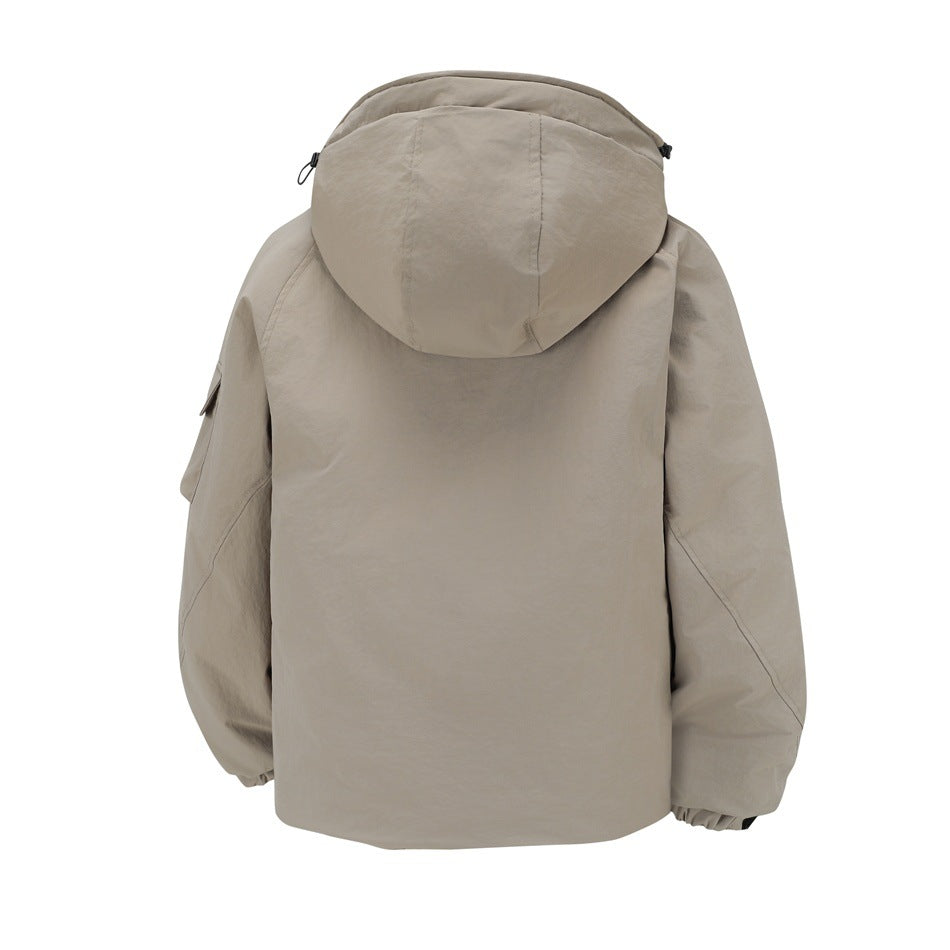 Back view of khaki hooded jacket with raglan sleeves, hood drawcord toggles and elastic cuffs