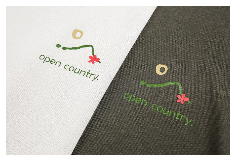 Close-up of white and dark olive fabric panels, each printed with a green and red flower motif and “open country” text.