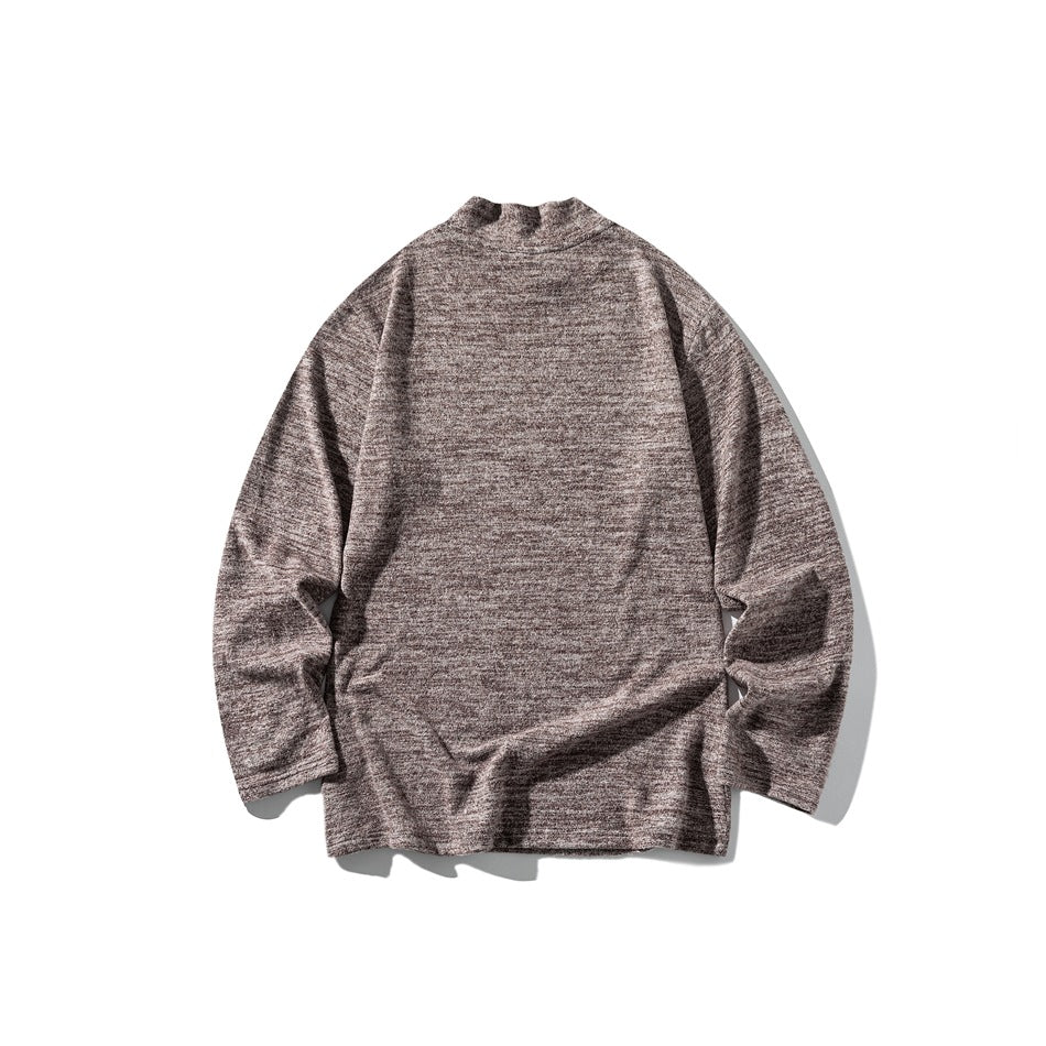 Back view of a brown-gray marled long-sleeve top with a short stand collar, laid flat on white.