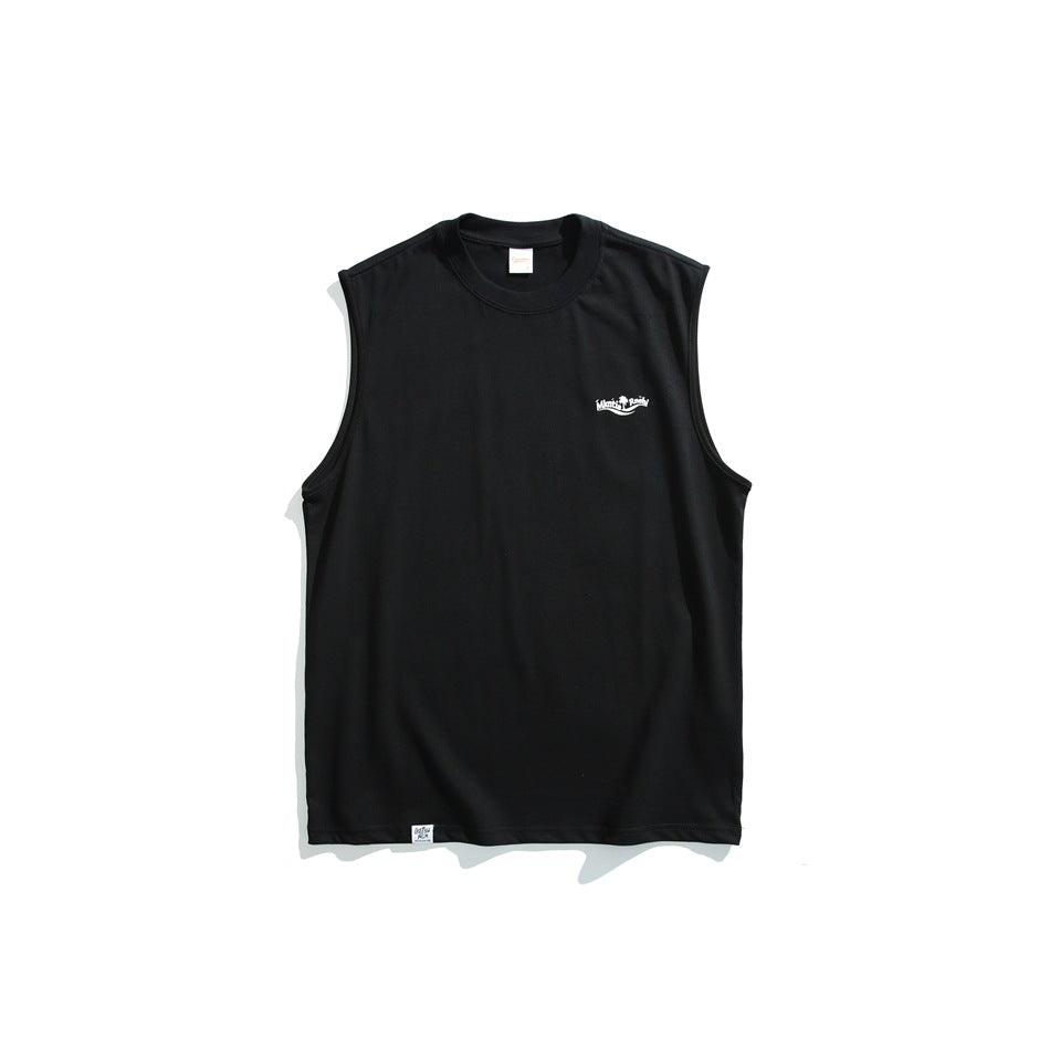 Front flat lay of a black sleeveless crew-neck shirt with a small white chest graphic.