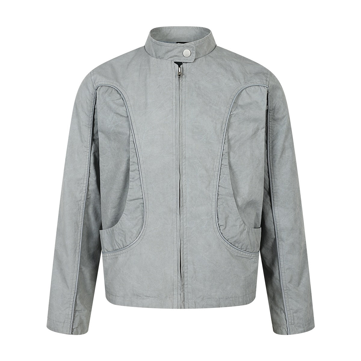 Gray-green stand-collar zip jacket with curved piped panels and front pockets, front view on plain background