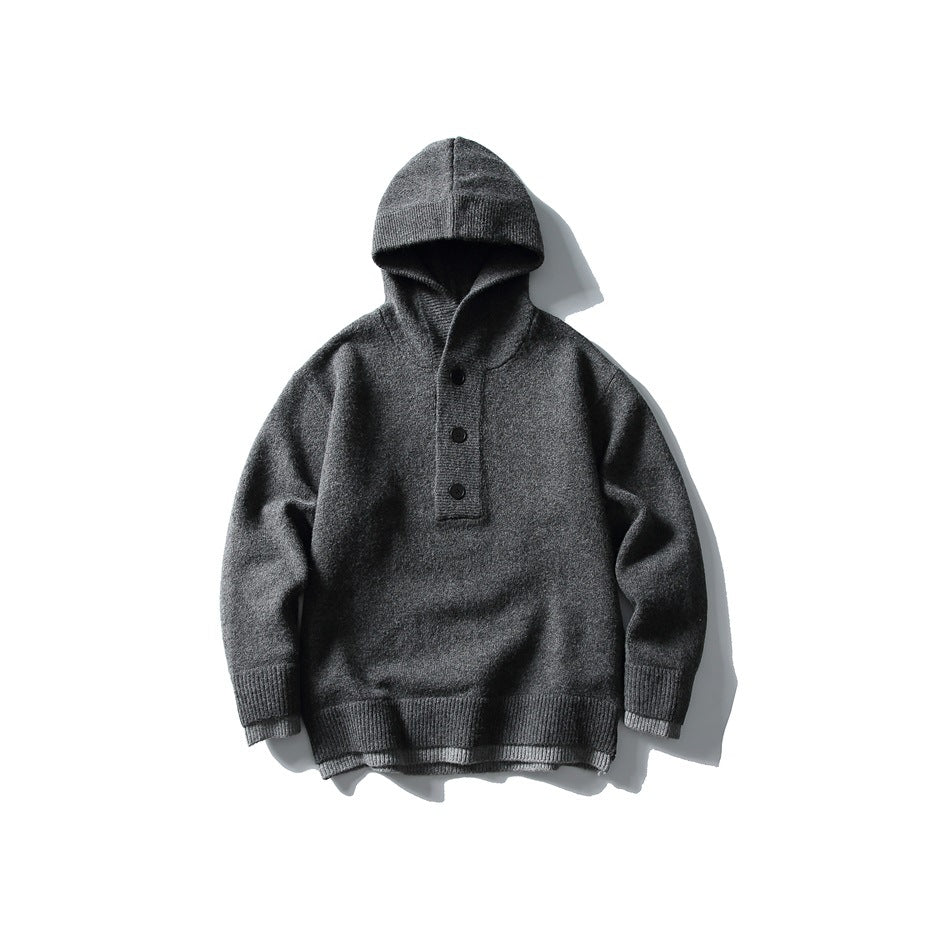 Dark gray hooded knit sweater with three-button placket and gray layered hem trim, flat lay