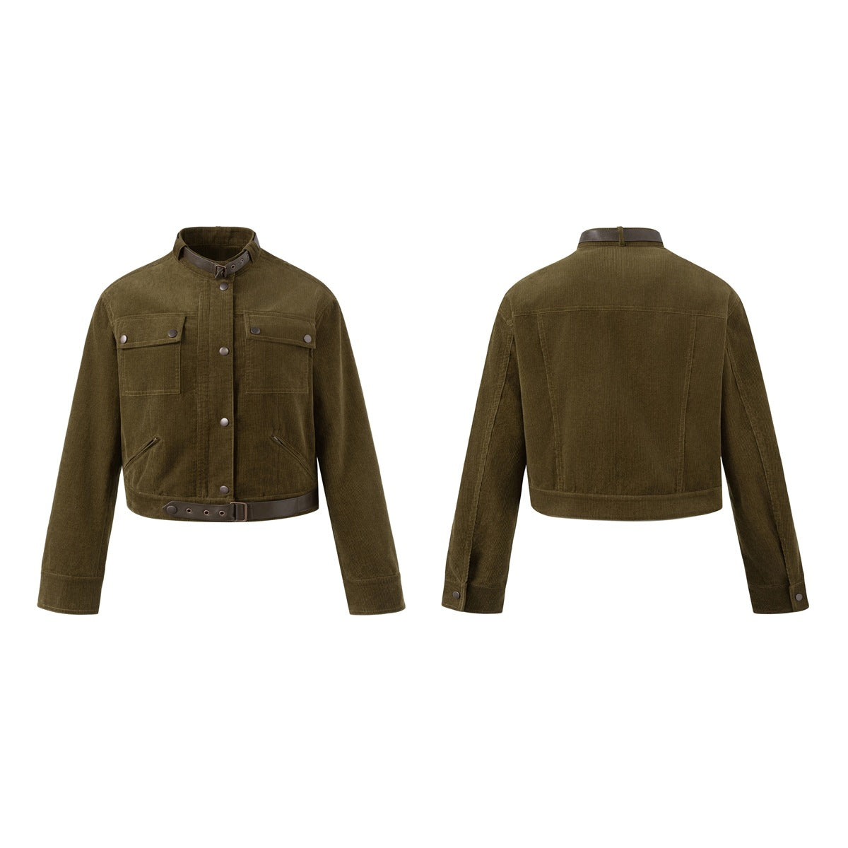Olive cropped jacket shown from the front and back, with snap pockets, a stand collar and a brown belt at the hem.