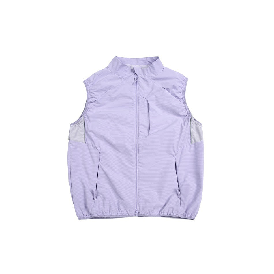 Lavender purple zip-front stand-collar vest with light gray side panels, front view on white background