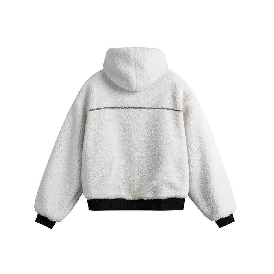 Back view of a white fleece hooded jacket with a horizontal seam and black ribbed hem and cuffs.