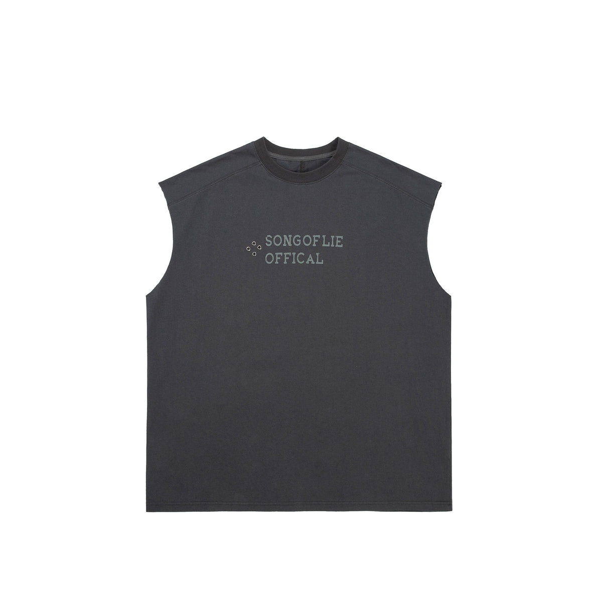 Dark gray sleeveless crew-neck top flat lay with gray chest text print and four small metal eyelets