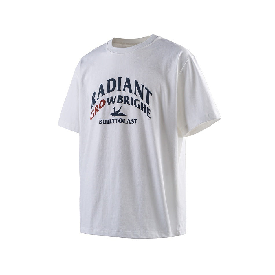 White short-sleeve crew-neck T-shirt in angled front view with navy and red arched chest print and crane motif