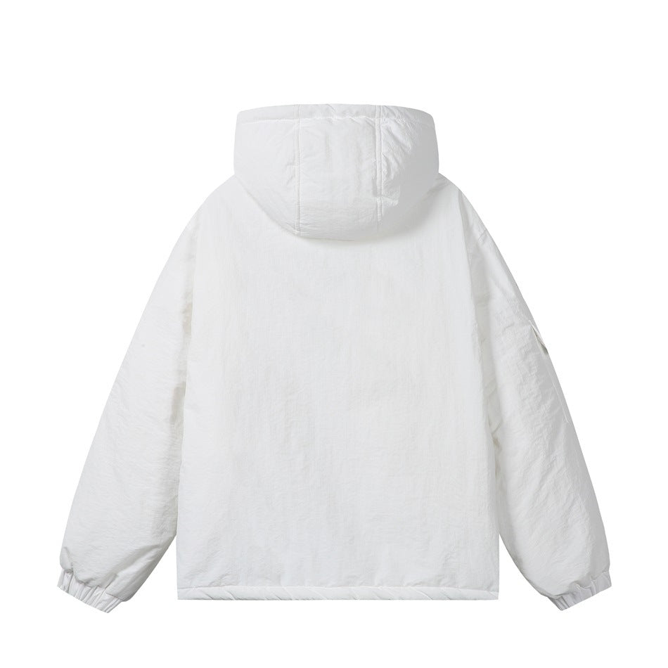 Back view of a white hooded jacket with long sleeves and gathered cuffs.