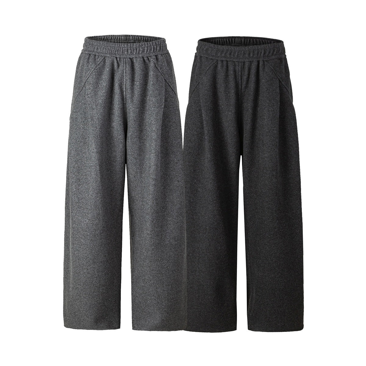 Front view of two pairs of wide-leg pants in medium gray and dark charcoal, with elastic waistbands and side pockets.