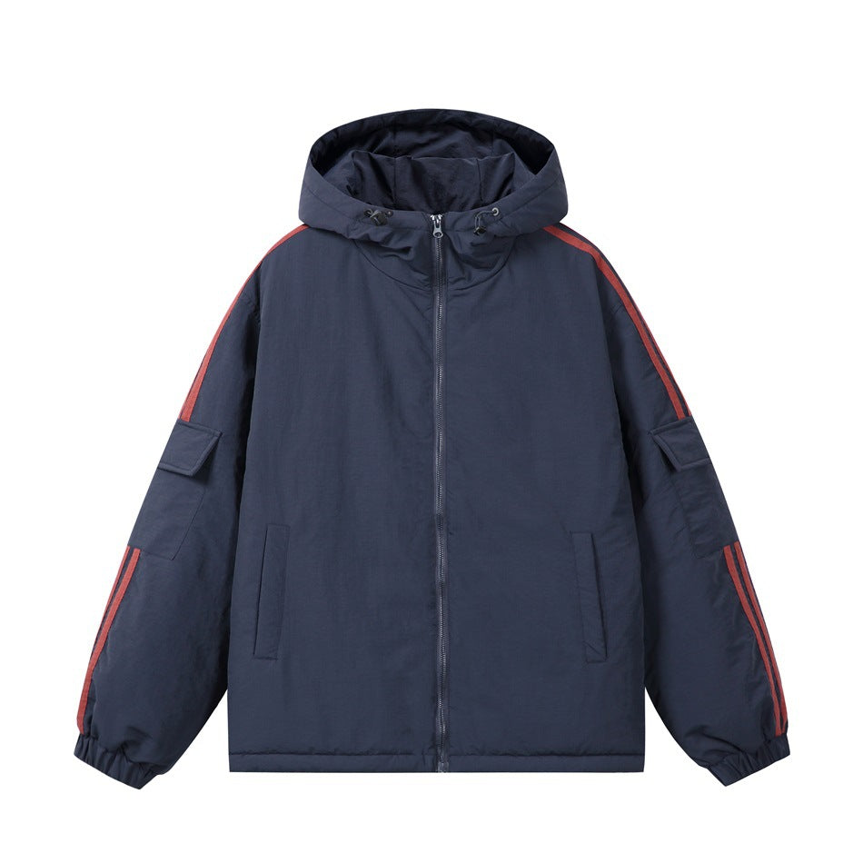 Navy hooded padded zip jacket with red sleeve stripes and sleeve flap pockets, front view
