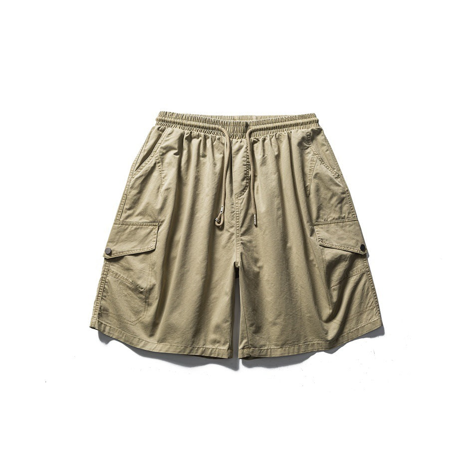 Khaki cargo shorts flat lay, front view, with drawstring elastic waist and side flap pockets