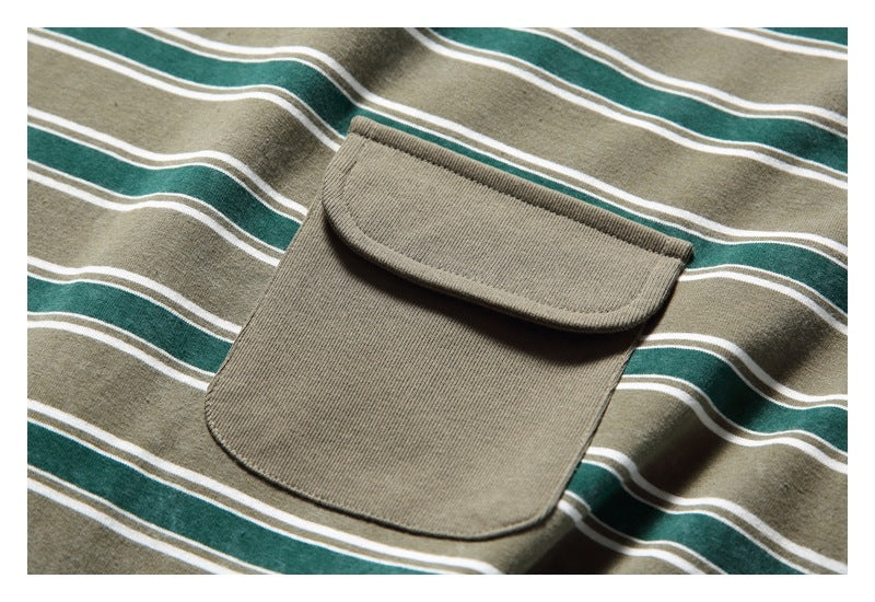 Close-up of a plain khaki flap chest pocket against dark green, white, and khaki stripes.